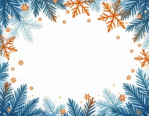 Obraz premium Frame of blue green pine branches and orange snowflakes on white background. Winter festive border for greeting cards season promotions and holiday announcements.