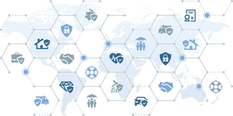 Insurance coverage abroad - vector illustration. Blue concept with icons related to worldwide security & protection, international insurance policy, travel insurance.