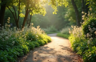 Winding garden path bathed in golden sunlight. Lush green foliage and white wildflowers line the walkway. Trees cast dappled shadows on the serene outdoor scene.