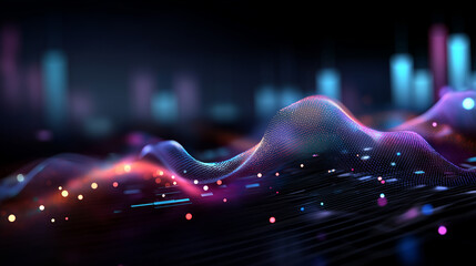 Abstract colorful wavy lines and dots visualize data on grid, shows upward financial trend business growth economic charts market progress, infographics for analytics, defocused ba