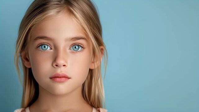 Captivating Gaze: A young girl's portrait, showcasing piercing blue eyes and golden hair set against a serene backdrop. Capturing a youthful beauty, emotion, and connection.