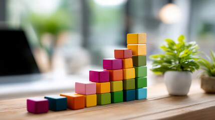 Colorful blocks form ascending bar chart on desk, represents business growth financial progress data analysis and success, ideal for concept representation, defocused background, w