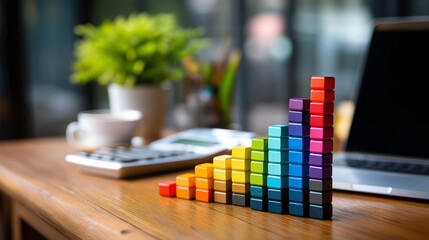 Colorful blocks form ascending bar chart on desk, represents business growth financial progress data analysis and success, ideal for concept representation, defocused background, w