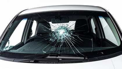 Car windshield with impact hole and spiderweb cracks isolated on white