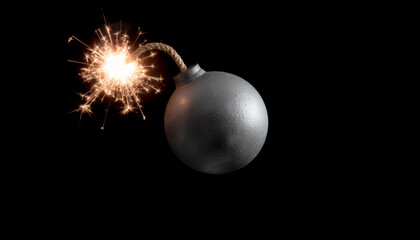 Time bomb with burning fuse and sparks on black background