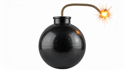 Classic black bomb with lit fuse spark isolated on white background