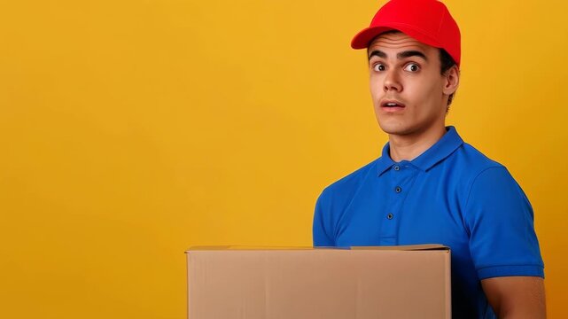 Delivery Surprise: A courier, his face reflecting a mixture of shock and curiosity, holds a package, creating a moment of intrigue with the yellow background. 