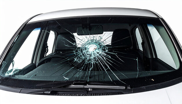 Car windshield with impact hole and spiderweb cracks isolated on white