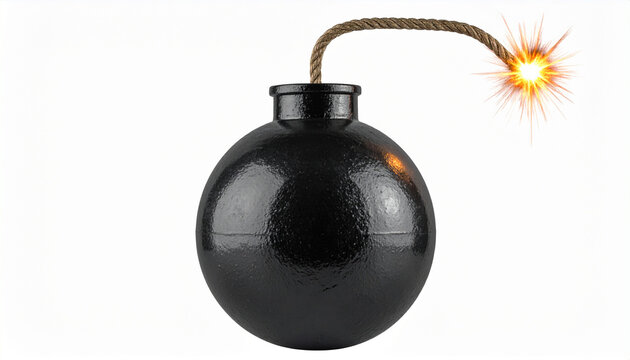 Classic black bomb with lit fuse spark isolated on white background