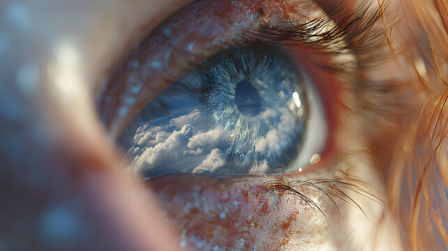 Human eye amidst sky and clouds, reflecting the healing of eye movement desensitization reprocessing therapy.