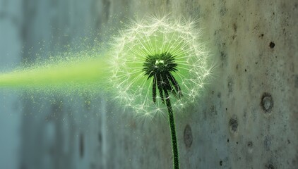 Luminous dandelion graffiti seed head illuminated by a glowing green energy beam against a grunge concrete background | UNDERGROUND