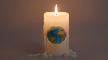 The Earth globe miniature melts on a burning white candle symbolizing climate change and global warming | CLIMATE