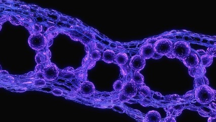 Abstract violet molecular chain glowing in dark futuristic space, symbolizing biotechnology, nanotechnology, genetic research, and shaping the future of digital molecular science and human evolution.