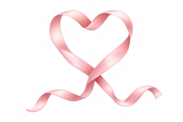 Pink ribbon forming a heart shape, symbolizing breast cancer awareness, support, love, and hope for health
