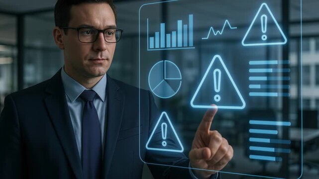 Data Analyst in action: A focused data analyst, immersed in the digital realm, interacts with interactive holographic interface, analyzing data streams to identify potential risks.