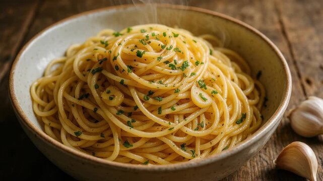 Pasta Perfection: A visually enticing shot showcasing a bowl of perfectly cooked spaghetti, adorned with fresh herbs and garlic cloves, emanating warmth and savory aromas.