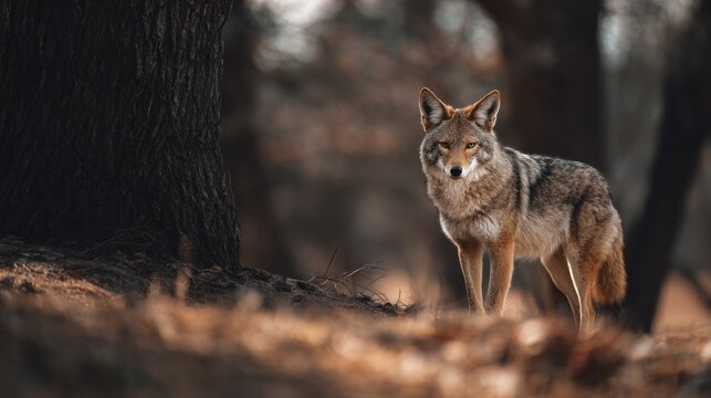 Wild coyote standing alert in natural woodland environment wildlife scene