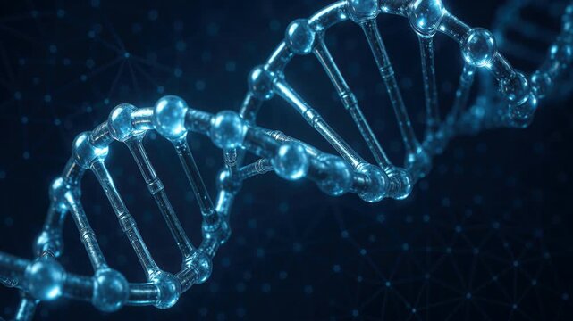 DNA Helix: A close-up view of a shimmering, double helix, the iconic structure of DNA, set against a dark, futuristic background, symbolizing the complex building blocks of life.