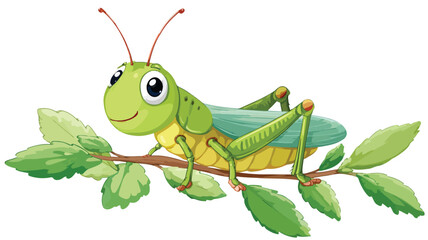 Fototapeta premium Adorable Cartoon Grasshopper Feasting on Green Leaves Vector Illustration