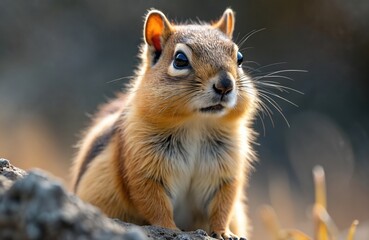 Fototapeta premium Cute arctic ground squirrel sits on rocky ground in soft natural light. Small mammal with striped fur looks alertly into distance. Wildlife portrait captures animal in natural habitat during daytime.