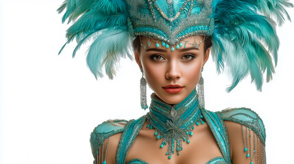 Woman wearing  feather headdress and costume for carnival, on white background.