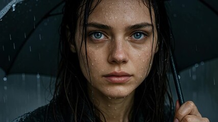 Melancholic Gaze in the Storm: A woman stands alone under an umbrella amidst a downpour, her blue eyes reflecting a deep and somber emotion in the dreary atmospheric conditions.