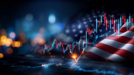Economy stock market data displayed with national flag overlay, candlestick charts show financial fluctuations trading activity, digital graph illustrates economic growth decline, 