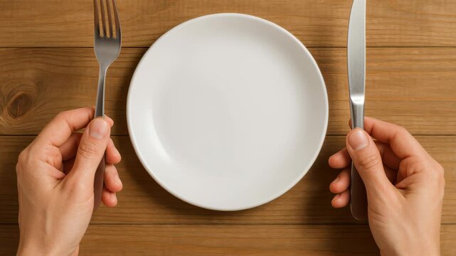 Ready to Dine: A minimalist composition showcasing a plate and cutlery, with hands poised at the ready, setting the stage for a delightful meal. 