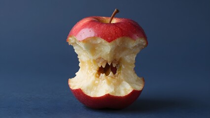 Conceptualization of a red apple core dramatically transformed into a monstrous mouth with sharp teeth against a blue background.