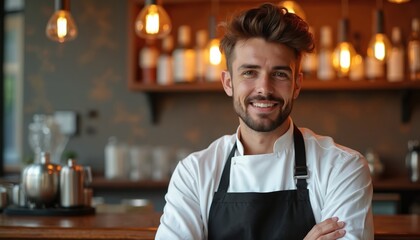 Happy chef in black apron poses arms crossed by bar counter. Man wears white uniform in cafe interior. Service worker smiles warmly at camera, looks friendly. Professional kitchen staff.