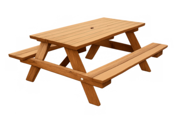 Wooden picnic table with attached benches providing outdoor seating and dining space for families and friends, transparent background
