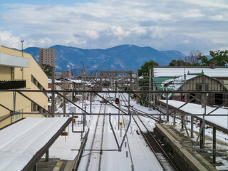 冬空が背景の線路や屋根に積雪がある冬景色の長浜駅から見える景色