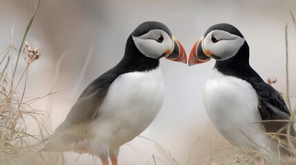 Two puffins interacting affectionately in a grassy environment  