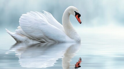 Fototapeta premium Elegant swan gliding on calm water with soft misty background 