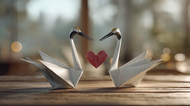 Origami Cranes Facing Each Other with Heart Symbol Perfect for Valentine&rsquo;s Day Cards, Love-Themed Decor, and Romantic Designs