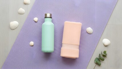 Aesthetic flatlay yoga mat with water bottle and towel, top-down view in soft pastel tones, ideal for wellness and fitness content.