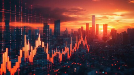 Modern city illuminated by sunset light with red glowing financial graphs overlay, global economy, stock exchange, data analysis, technology innovation, investment and digital financial market concept - Powered by Adobe
