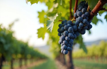 Purple grapes hang from vines in a vineyard row. Rich green leaves and a blurred background suggest ripe fruit ready for harvest and winemaking.