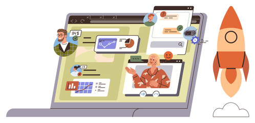 Remote teamwork, digital collaboration, virtual meetings, analytics, online education, project management. A laptop screen displays chats, graphs and video calls with a rocket nearby. Digital