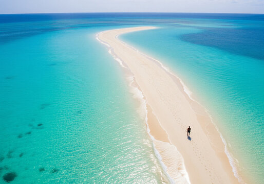 Coastline aerial photograph of aquamarine ocean and man walking along white sandbar beach
