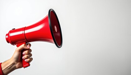 Hand holds red megaphone. Device signals about sales discounts and special offers. Bright object on plain white background. Message promotion communication.