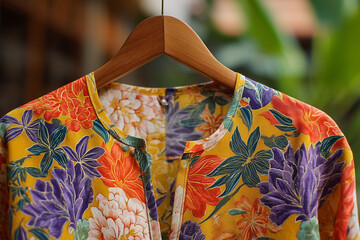 A traditional "meri blaus" (women's blouse) made of vibrant, printed fabric, displayed elegantly on a simple wooden hanger.
