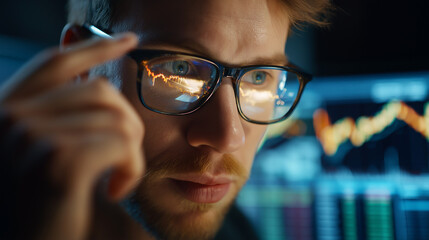 Close-up finance analyst glasses reflecting stock market trading charts faceless, person works with digital data analysis investment insights, financial data business concept, defo