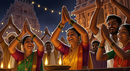 Temple night festival celebration &ndash; jubilant Indian crowd cheering beneath illuminated gopuram and lantern strings