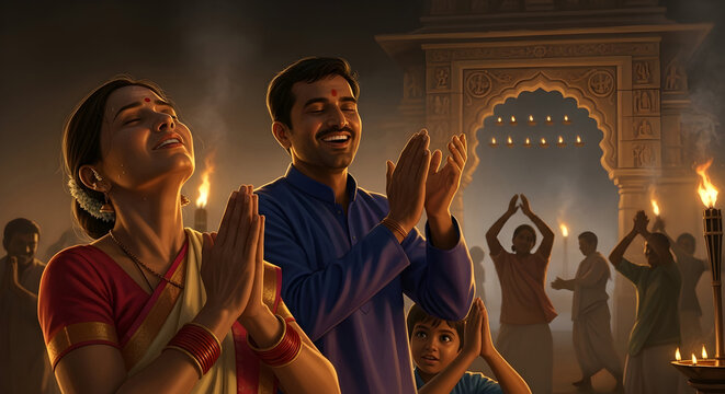 Devotees raising hands in evening aarti ceremony, glowing diyas illuminating temple archway