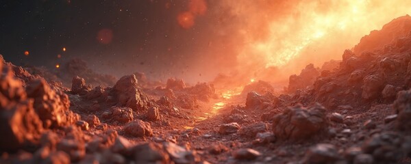 Fototapeta premium Barren rocky terrain under glowing fiery sky. Rough textured ground with scattered pebbles and stones. Dramatic volcanic landscape forms an alien world.