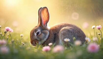 Small fluffy bunny rests in green grass with pink and white flowers. Soft sun light illuminates the cute wild animal peacefully dreaming in nature. Bunny sits in a meadow during daytime.