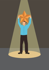 Man Celebrating Success and Excellence Holding a Golden Star in the Spotlight