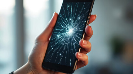 Woman holds broken smartphone with cracked display screen. Damaged mobile phone needs repair. Loss of data due to accident. Modern tech gadget. Device malfunction.