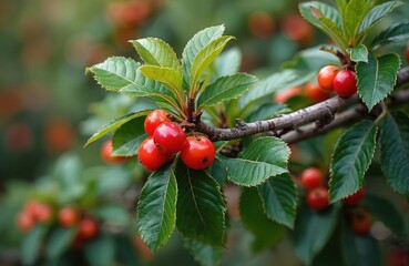 Red ripe sloe berries grow on thorny bush branch with green leaves. Edible fruit used for jams liqueurs and healthy food. Blackthorn bush in nature.